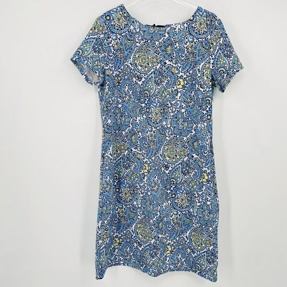 Talbots Size Medium Blue & Yellow Paisley Print Bow Back Knit Sheath Dress - Picture 1 of 9